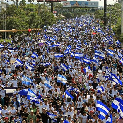 NICARAGUA POLITICAL CRISIS:MORE THAN  100,000 PEOPLE PARTICIPATED IN THE MARCH IN THE CITY MANAGUA.300 PEOPLE ARE REPORTED TO HAVE BEEN KILLED SINCE THE WAVE OF PROTEST AGAINST PRESIDENT DANIEL ORTEGA.HE'S A FORMER GUERRILLA FIGHTER,BEGAN HIS THIRD FIVE - YEAR TERM IN OFFICE LAST YEAR.HIS WIFE ,ROSARIO MURILLO, IS HIS VICE PRESIDENT.