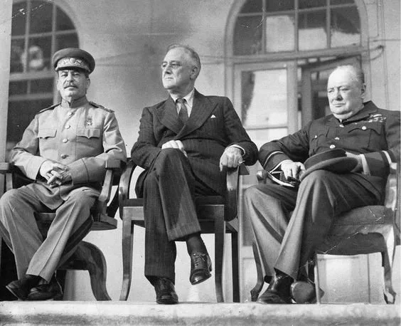 WORLD WAR II"THE TEHRAN CONFERENCE" WAS A STRATEGY MEETING OF STALIN,ROOSEVELT AND CHURCHILL IN IRAN.